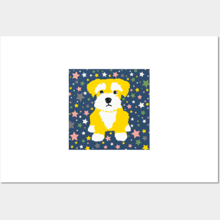 Yellow Miniature Schnauzer and Stars on Blue Background Posters and Art